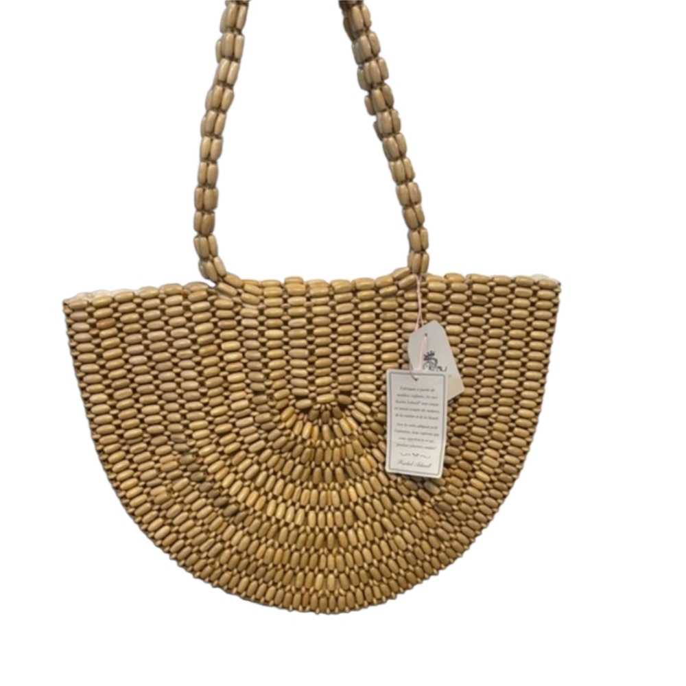 NWT Rachel Ashwell Wooden Beaded Crescent Bag Boho Bead Tote Natural - Picture 2 of 9